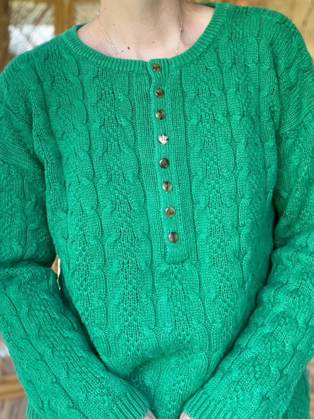 Vintage 80s American Weekend Cozy Green Cable Knit 1/2 Button Sweater